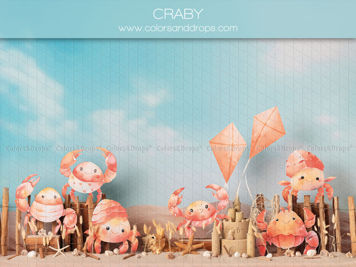 Baby & cake smash photo backdrop Craby – crabs on the beach with kites | Colors&Drops
