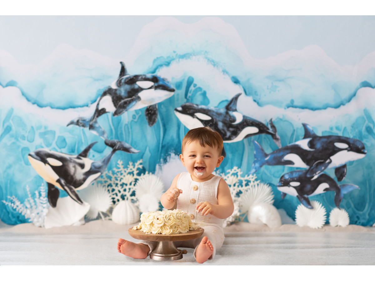 Baby & cake smash photo backdrop Orka – orcas leaping in the waves | Colors&Drops
