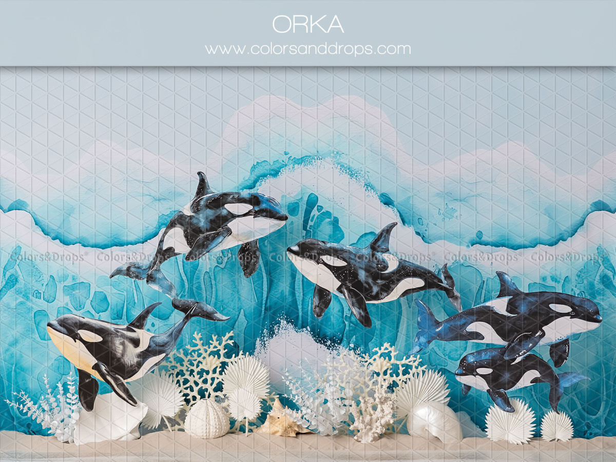 Baby & cake smash photo backdrop Orka – orcas leaping in the waves | Colors&Drops