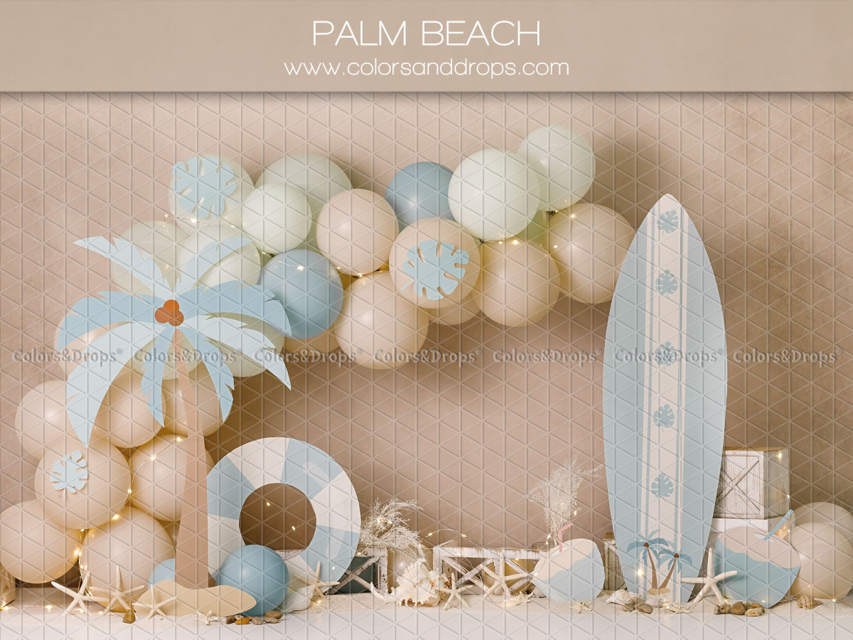 Fondo fotográfico de bebé y smash cake Palm Beach – arco de globos con tabla de surf y palmera | Colors&Drops