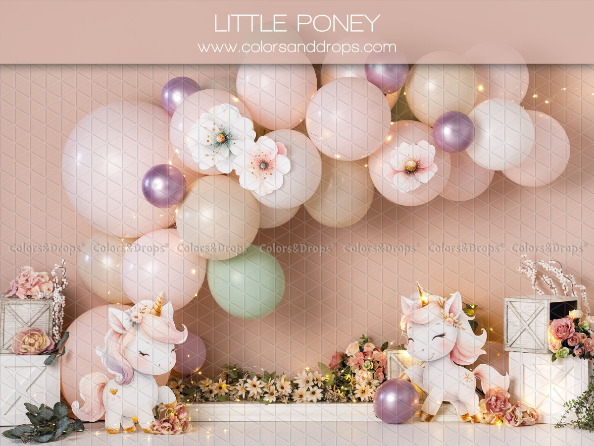 Fondo fotográfico de bebé y smash cake Little Poney – arco de globos rosas con unicornios | Colors&Drops