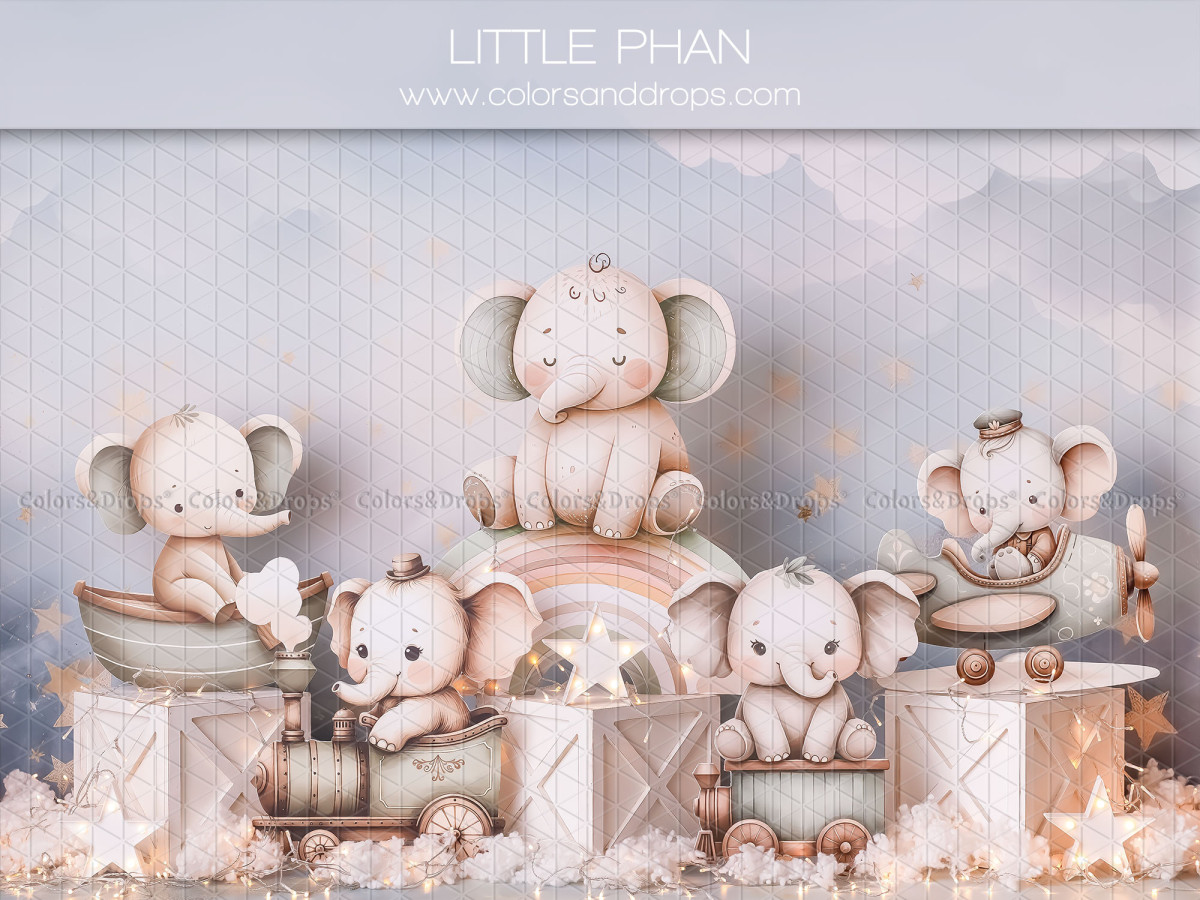 Baby & cake smash photo backdrop Little Phan – plush elephants on white crates | Colors&Drops