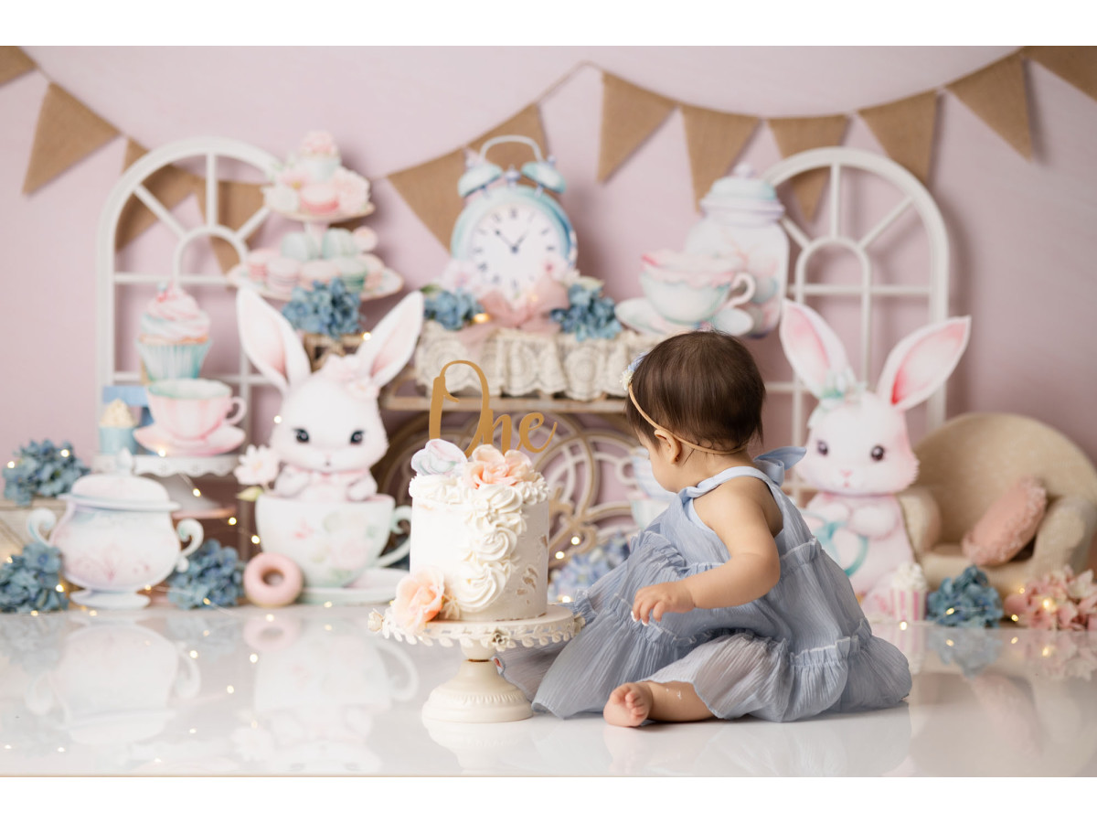 Baby & cake smash photo backdrop Tea Time Bunny – bunnies at tea time with bunting | Colors&Drops