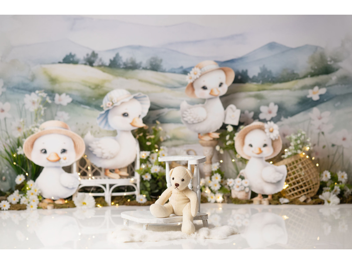 Baby & cake smash photo backdrop Provencal – plush ducklings in a Provençal landscape | Colors&Drops