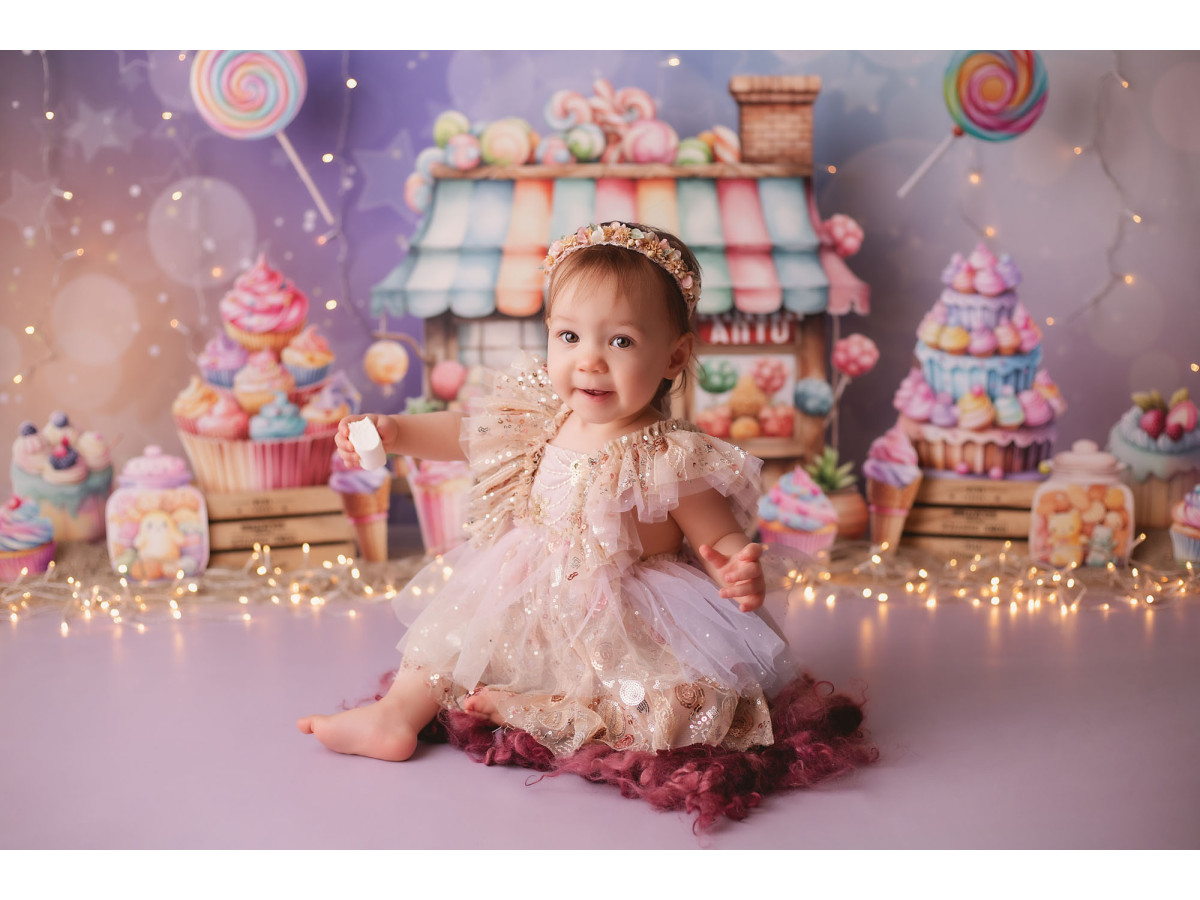 Baby & cake smash photo backdrop Yumi Candy – candy shop with lollipops and cupcakes | Colors&Drops