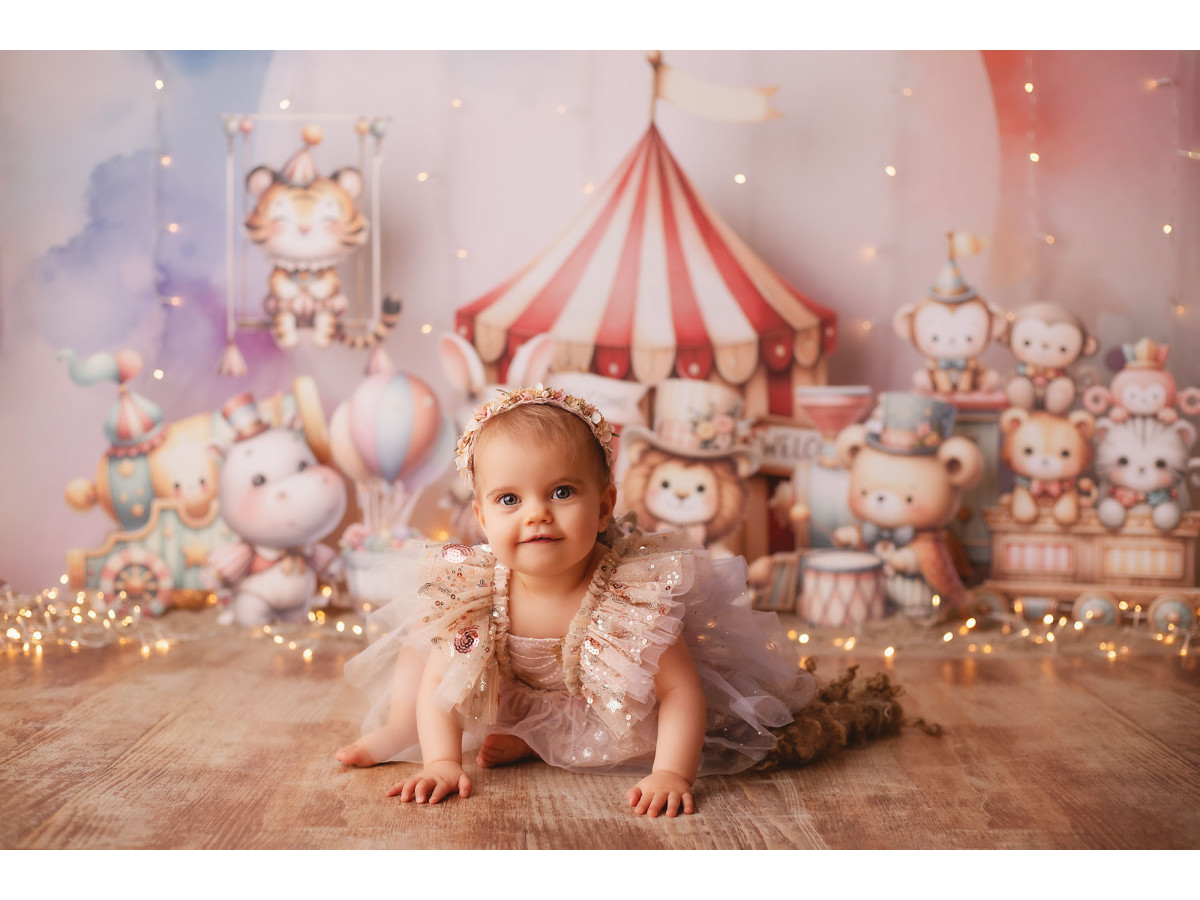 Fond photo bébé et smash cake Welcome Circus – chapiteau de cirque avec animaux en peluche | Colors&Drops