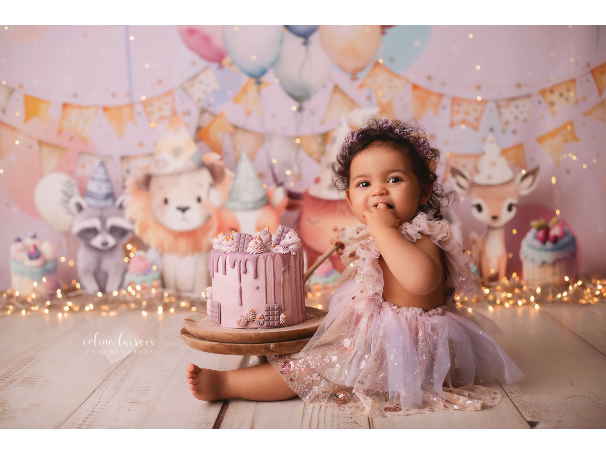 Fond photo bébé et smash cake Happy Birthday – animaux en peluche avec ballons et fanions | Colors&Drops