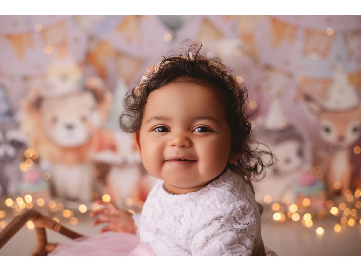 Fond photo bébé et smash cake Happy Birthday – animaux en peluche avec ballons et fanions | Colors&Drops