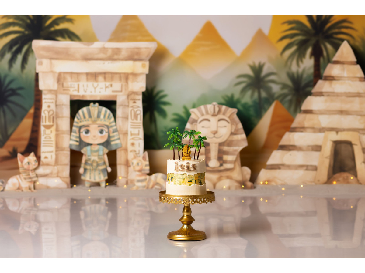 Fond photo bébé et smash cake Egypte – décor égyptien avec pyramides, sphinx et palmiers | Colors&Drops