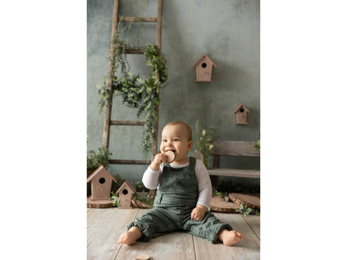 Baby & cake smash photo backdrop Petites Cabanes – green wall with birdhouses, ladder and bench | Colors&Drops