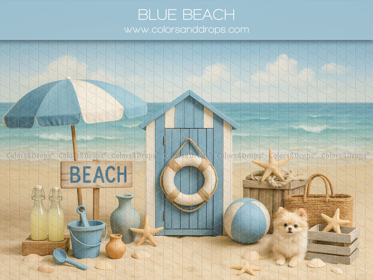 Fondo fotográfico de bebé y smash cake Blue Beach – playa con caseta azul, sombrilla y salvavidas | Colors&Drops