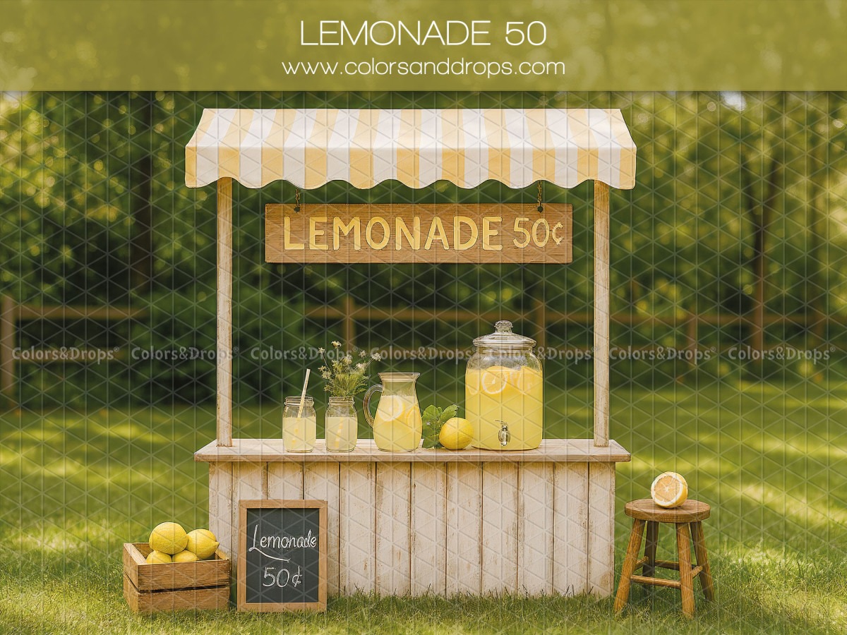 Baby & cake smash photo backdrop Lemonade 50 – wooden lemonade stand in a garden | Colors&Drops