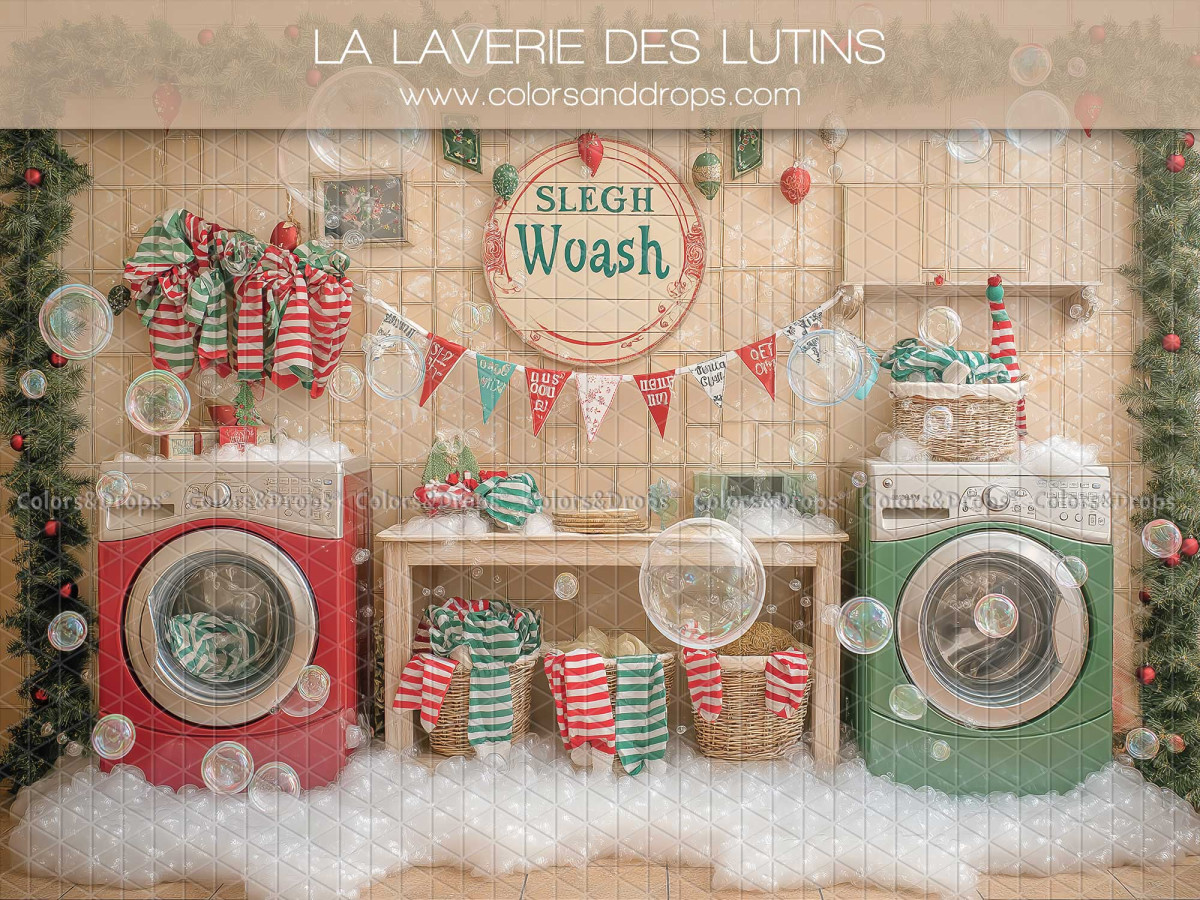 Fond photo de Noël La Laverie des Lutins – laverie des lutins avec machines à laver | Colors&Drops