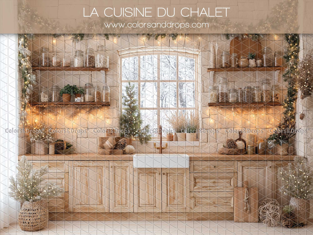 Fond photo de Noël La Cuisine du Chalet – cuisine de chalet blanche avec fenêtre enneigée | Colors&Drops