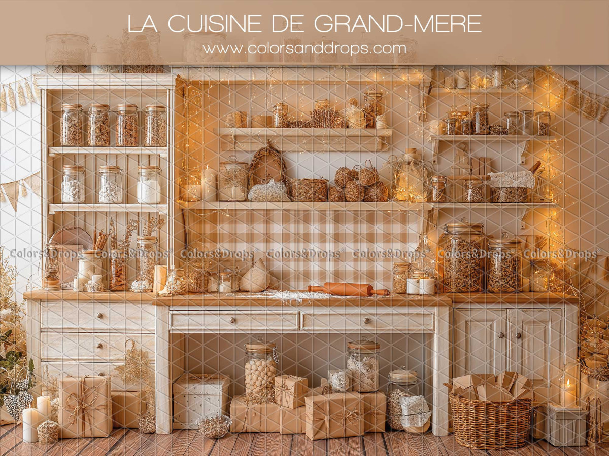 Christmas photo backdrop La Cuisine de Grand Mere – grandma's white kitchen with shelves | Colors&Drops