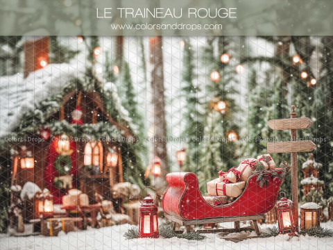 Fondo fotográfico de Navidad Le Traineau Rouge – trineo rojo y chalet nevado en el bosque | Colors&Drops