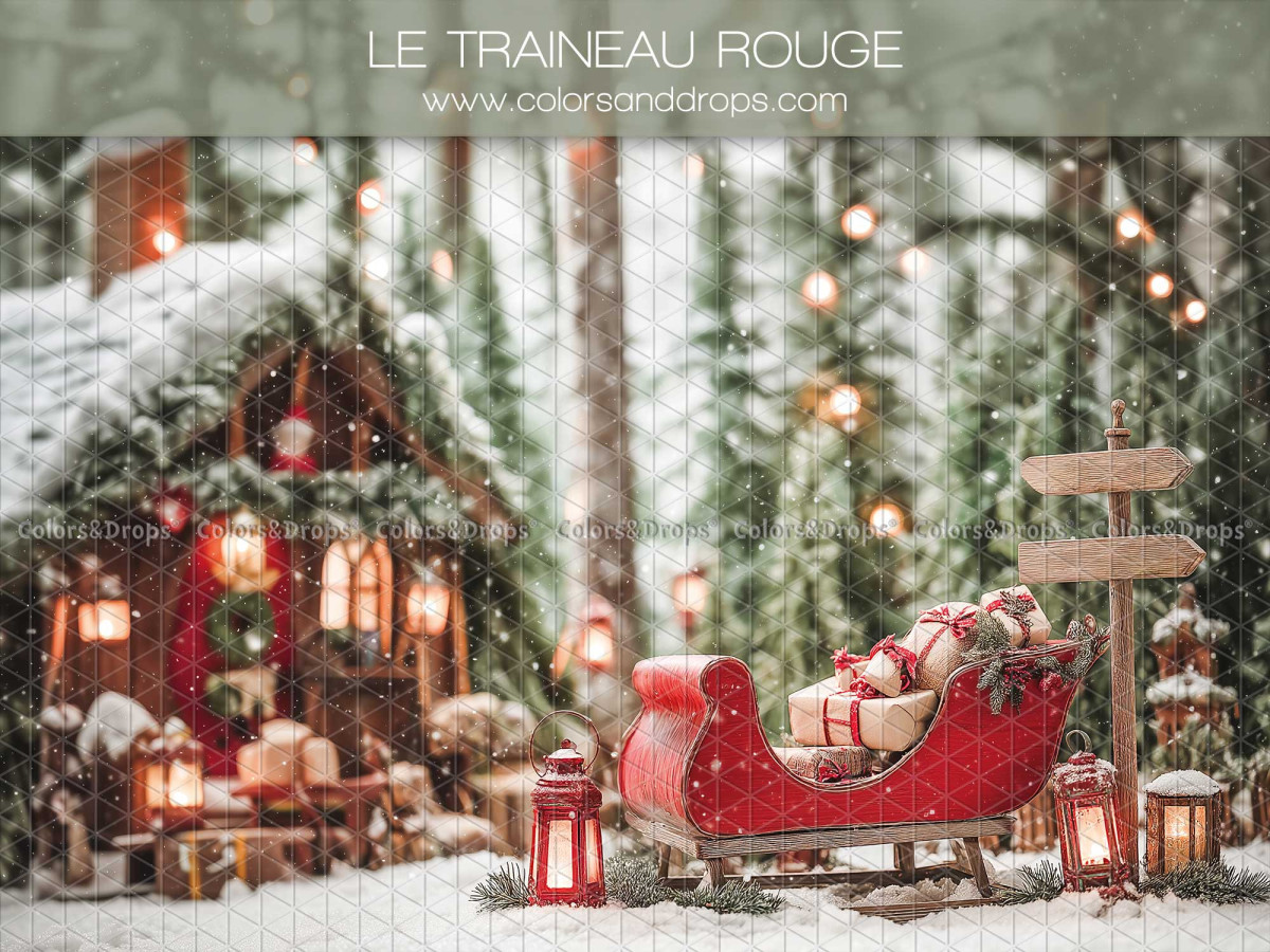 Fondo fotográfico de Navidad Le Traineau Rouge – trineo rojo y chalet nevado en el bosque | Colors&Drops