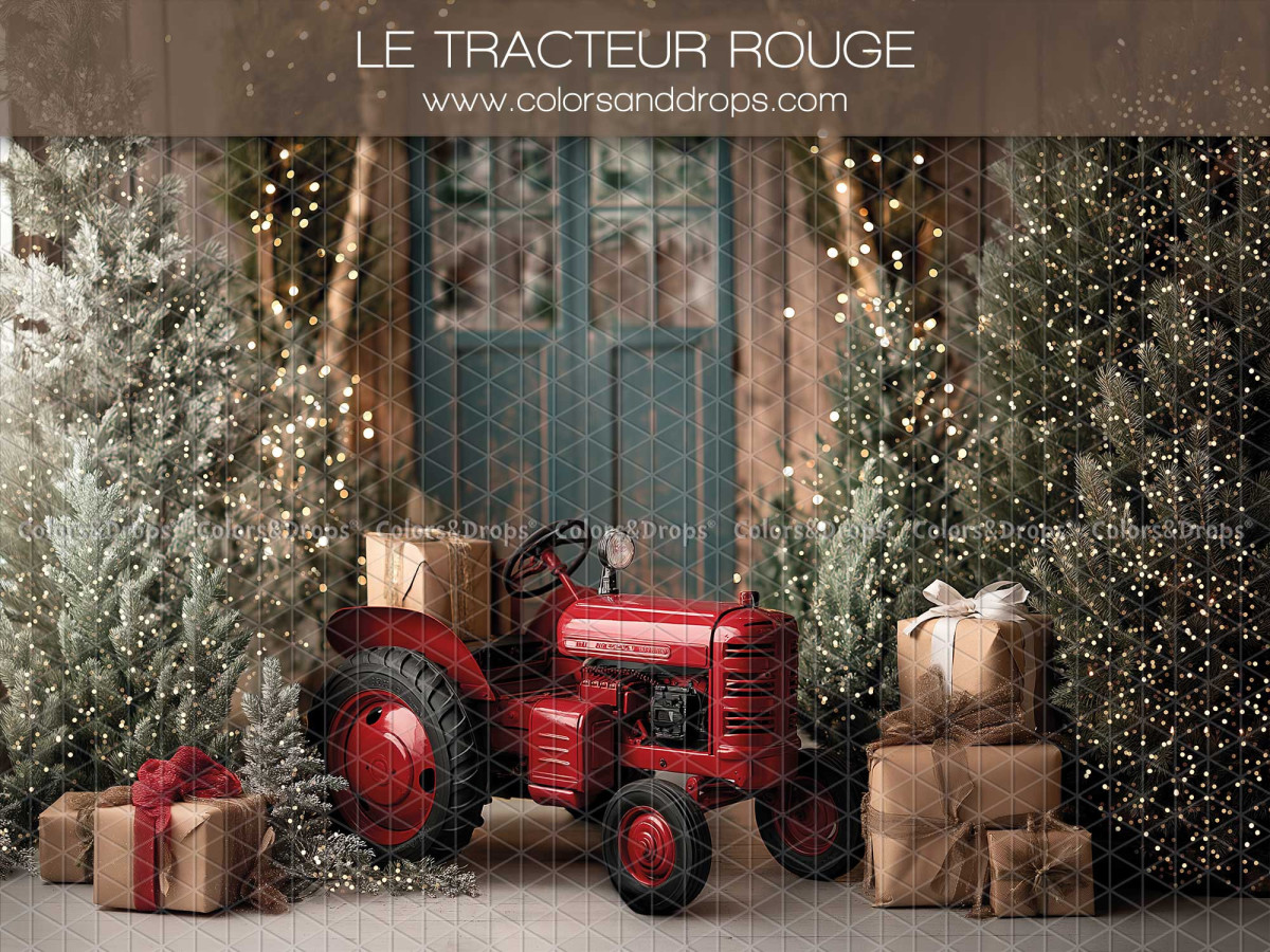 Christmas photo backdrop Le Tracteur Rouge – red tractor with gifts in pine forest | Colors&Drops