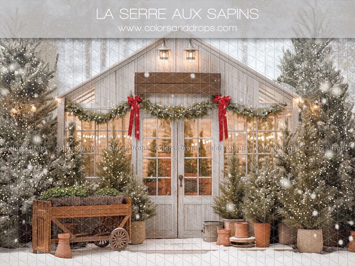 Fondo fotográfico de Navidad La Serre aux Sapins – invernadero blanco con guirnalda y abetos nevados | Colors&Drops