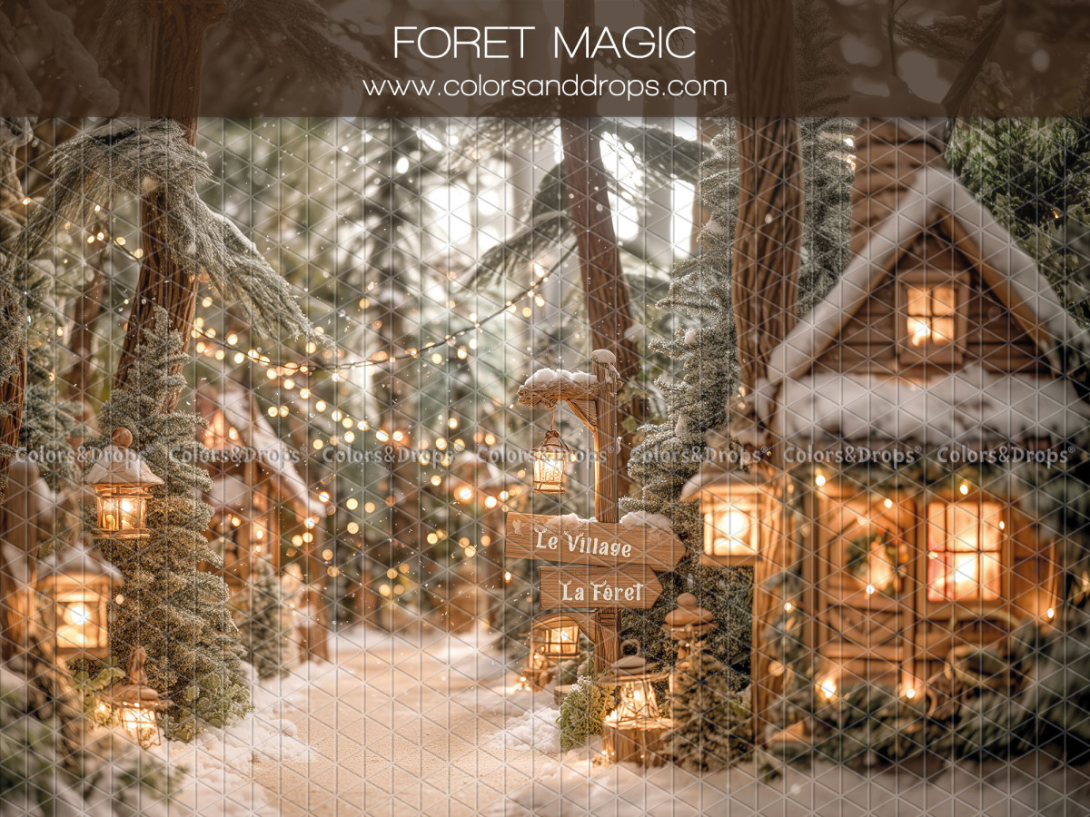 Fond photo de Noël Foret Magic – chemin forestier enneigé avec maisons et lanternes | Colors&Drops