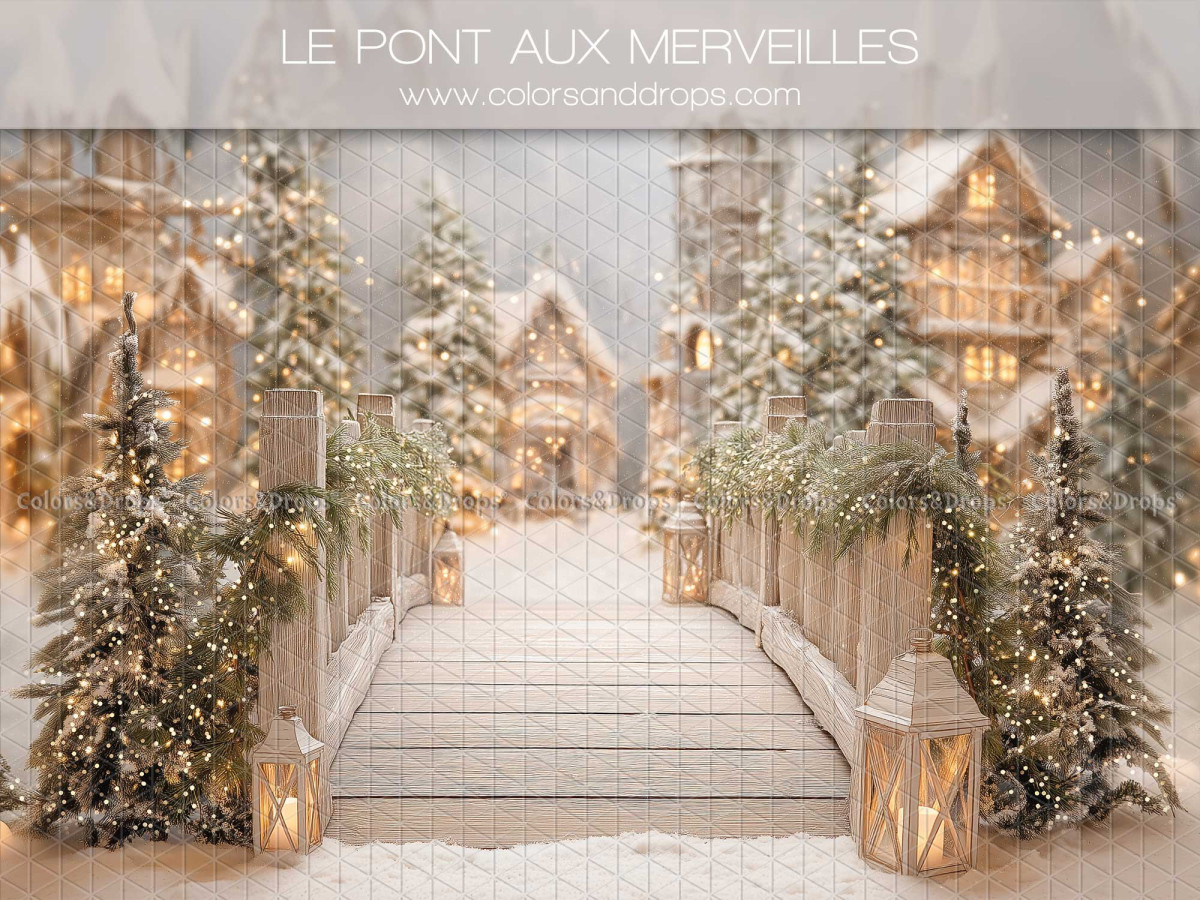 Christmas photo backdrop Le Pont aux Merveilles – snowy wooden bridge to a Christmas village | Colors&Drops