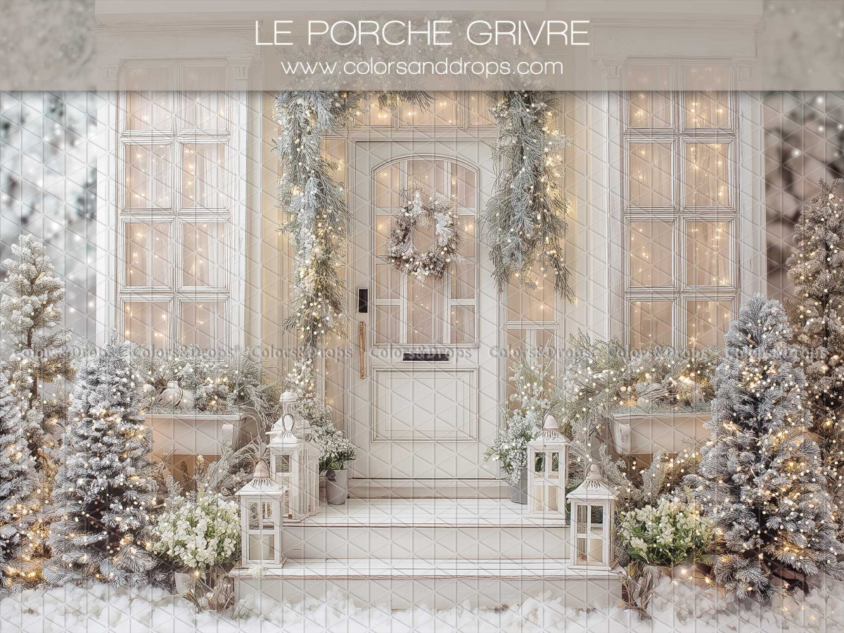 Fond photo de Noël Le Porche Grivre – porche givré blanc avec porte et sapins | Colors&Drops