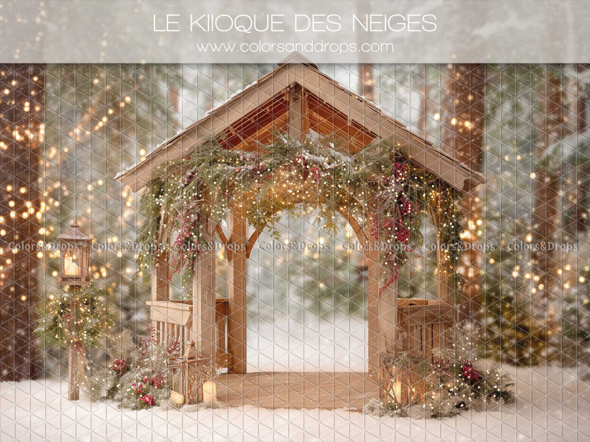 Fond photo de Noël Le Kiosque des Neiges – kiosque en bois enneigé avec guirlandes | Colors&Drops
