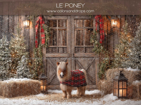Christmas photo backdrop Le Poney – pony with blanket in front of wooden barn | Colors&Drops