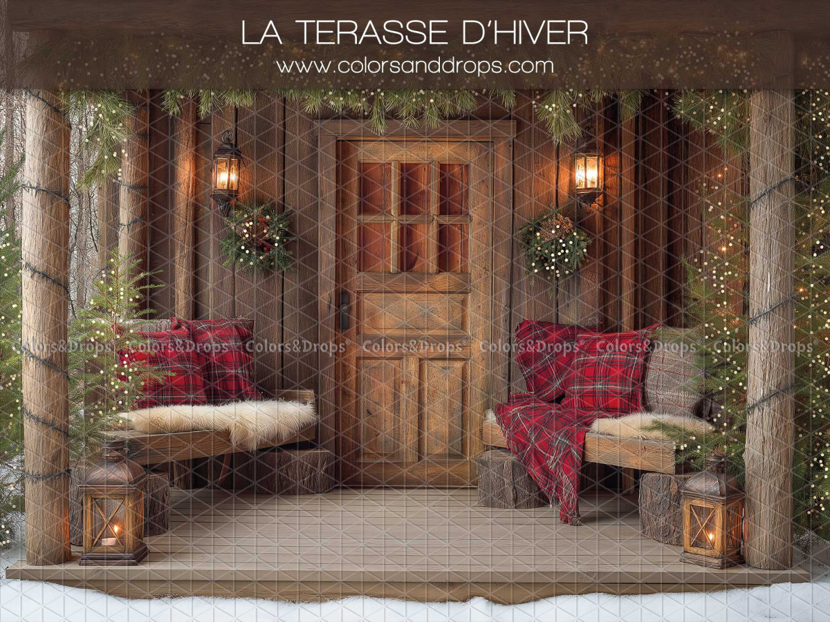 Fond photo de Noël La Terasse D'Hiver – terrasse d'hiver en bois avec porte et bancs | Colors&Drops