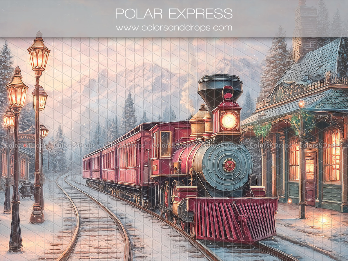 Fondo fotográfico de Navidad Polar Express – tren de vapor rojo en estación nevada | Colors&Drops