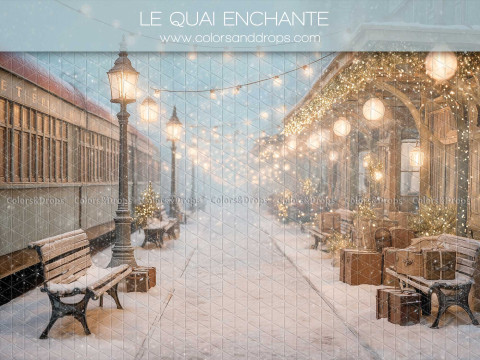 Christmas photo backdrop Le Quai Enchante – snowy station platform with train and street lamps | Colors&Drops
