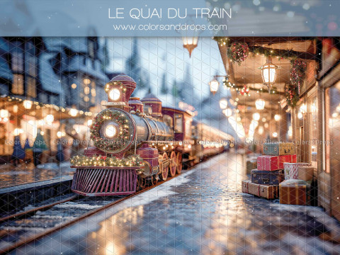Fond photo de Noël Le Quai du Train – quai de gare avec train de Noël illuminé | Colors&Drops