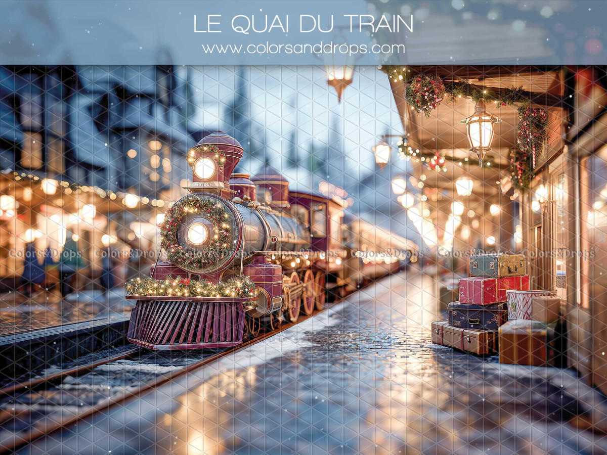 Fond photo de Noël Le Quai du Train – quai de gare avec train de Noël illuminé | Colors&Drops