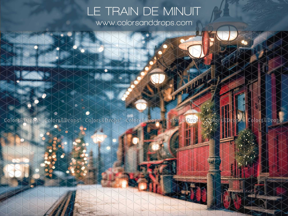 Fond photo de Noël Le Train de Minuit – train rouge de nuit en gare enneigée | Colors&Drops