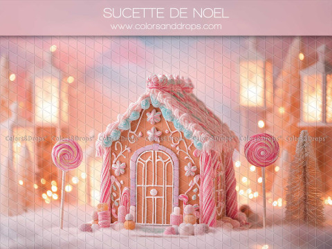 Photo backdrop Sucette de Noel – pink gingerbread house with lollipops | Colors&Drops