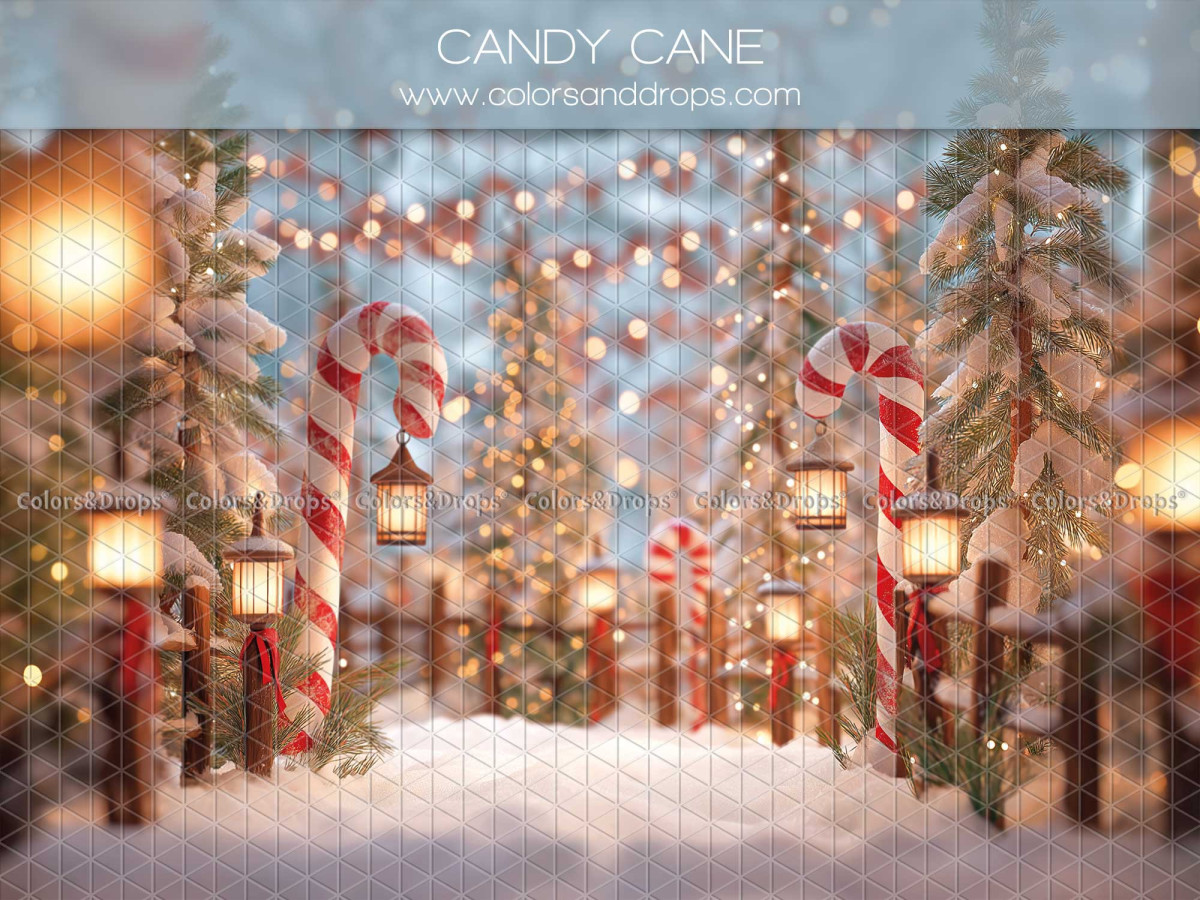 Fond photo de Noël Candy Cane – allée enneigée avec sucres d'orge géants | Colors&Drops