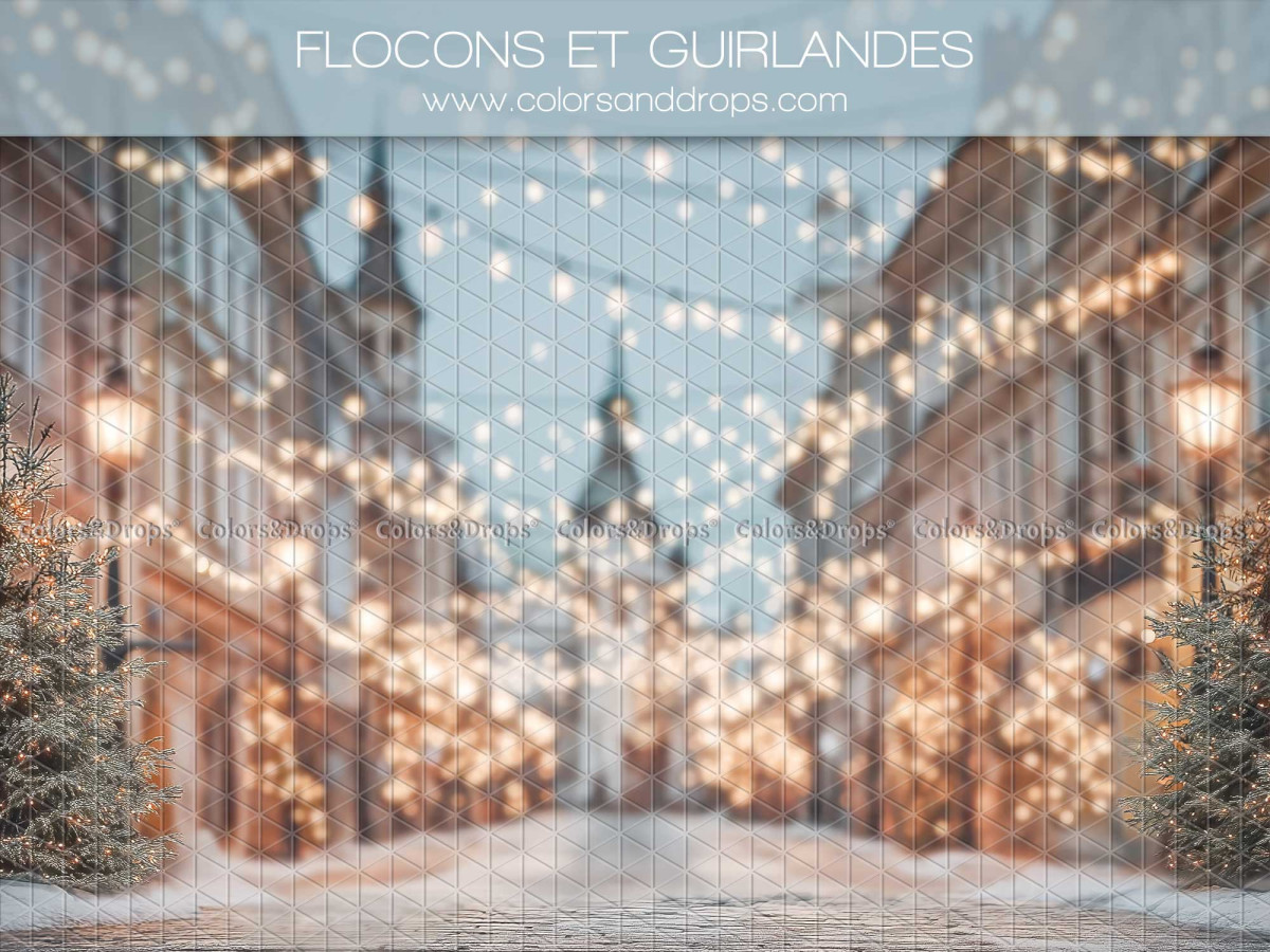 Christmas photo backdrop Flocons et Guirlandes – snowy European street with garlands | Colors&Drops