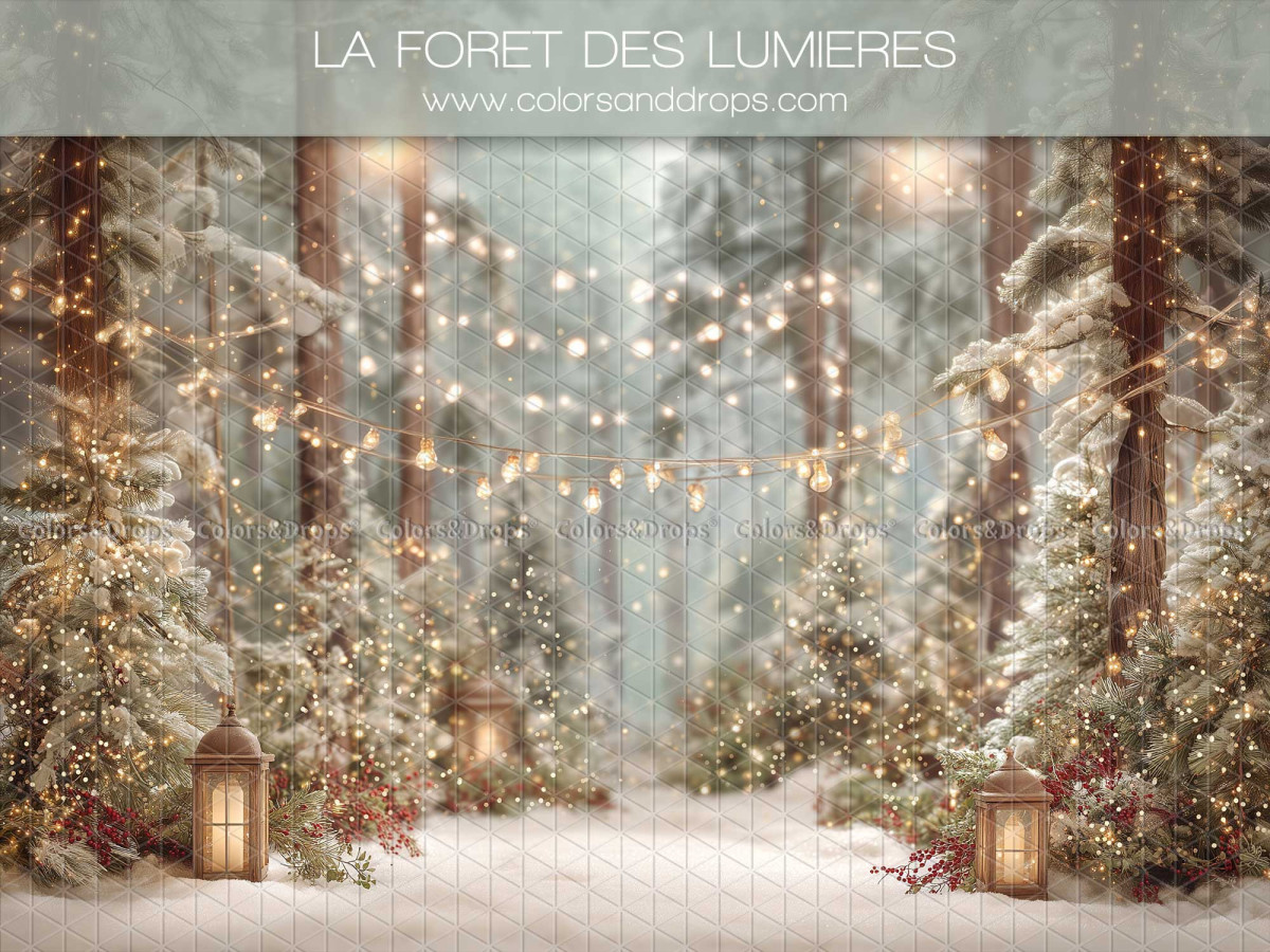 Fond photo de Noël La Foret des Lumieres – forêt enneigée illuminée avec lanternes | Colors&Drops