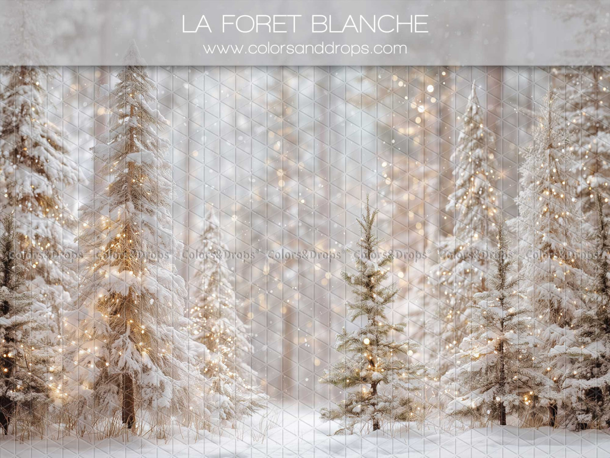 Fondo fotográfico de Navidad La Foret Blanche – bosque blanco nevado con luces | Colors&Drops