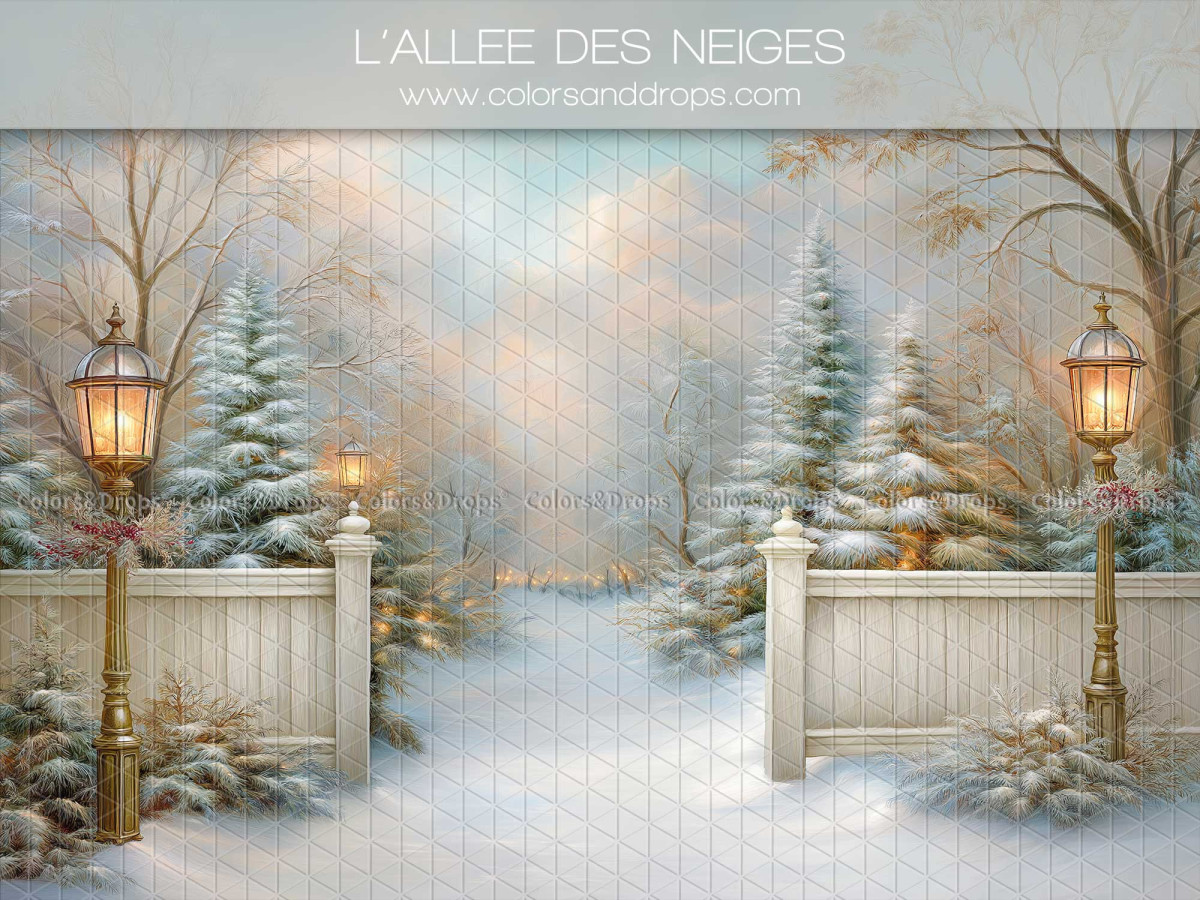 Fond photo de Noël L'Allee des Neiges – allée enneigée avec barrière et réverbères | Colors&Drops