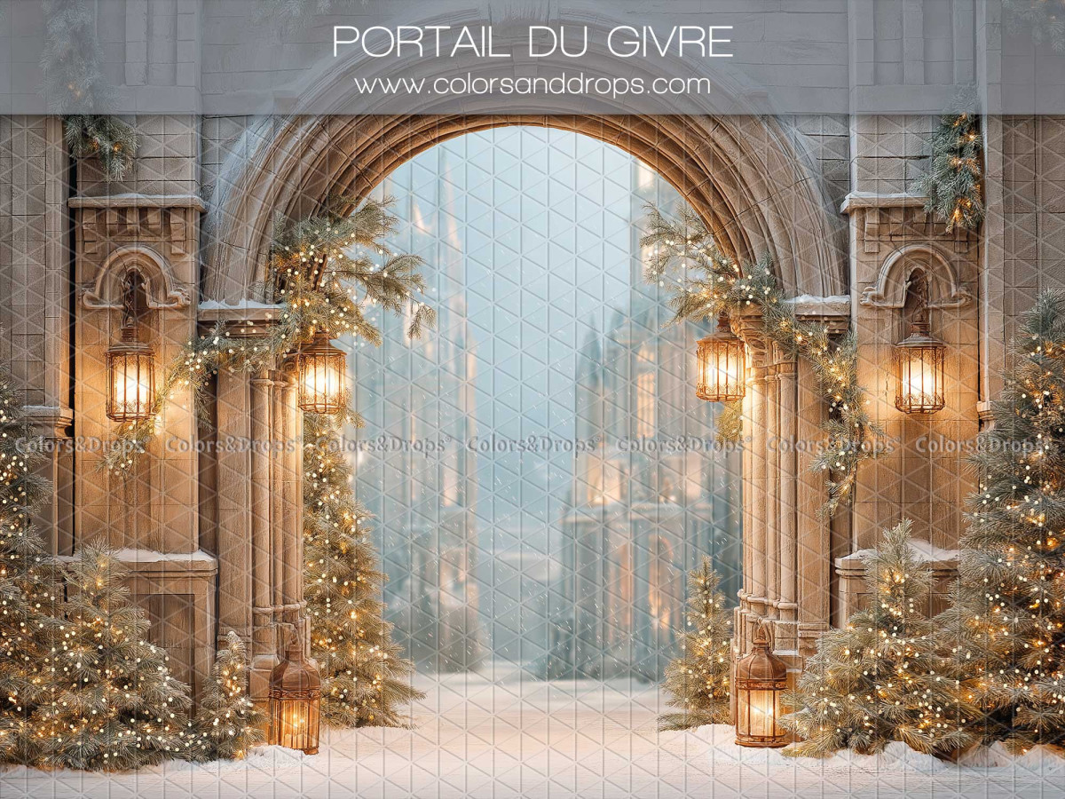 Fondo fotográfico de Navidad Portail du Givre – portal de piedra helado con faroles y abetos | Colors&Drops
