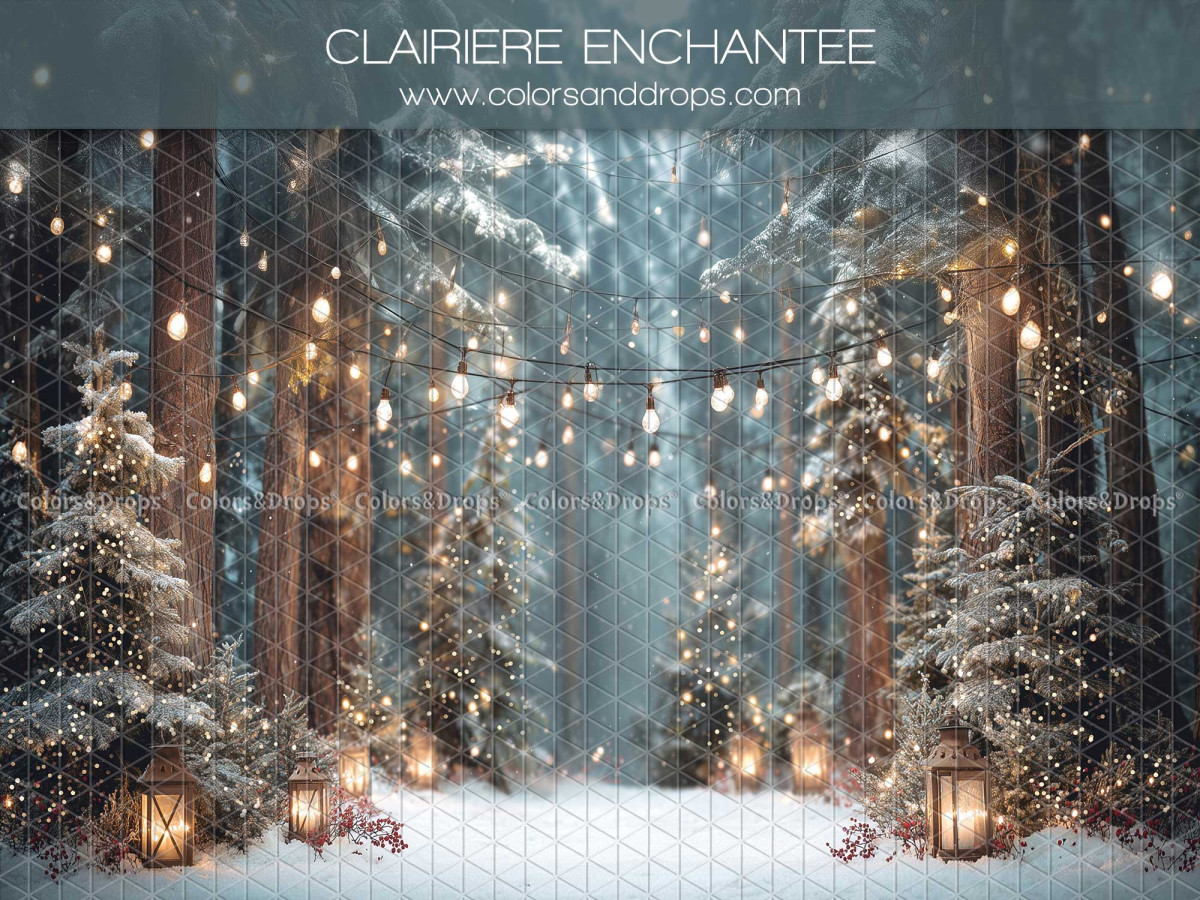 Christmas photo backdrop Clairiere Enchantee – snowy clearing with fir trees and lanterns | Colors&Drops