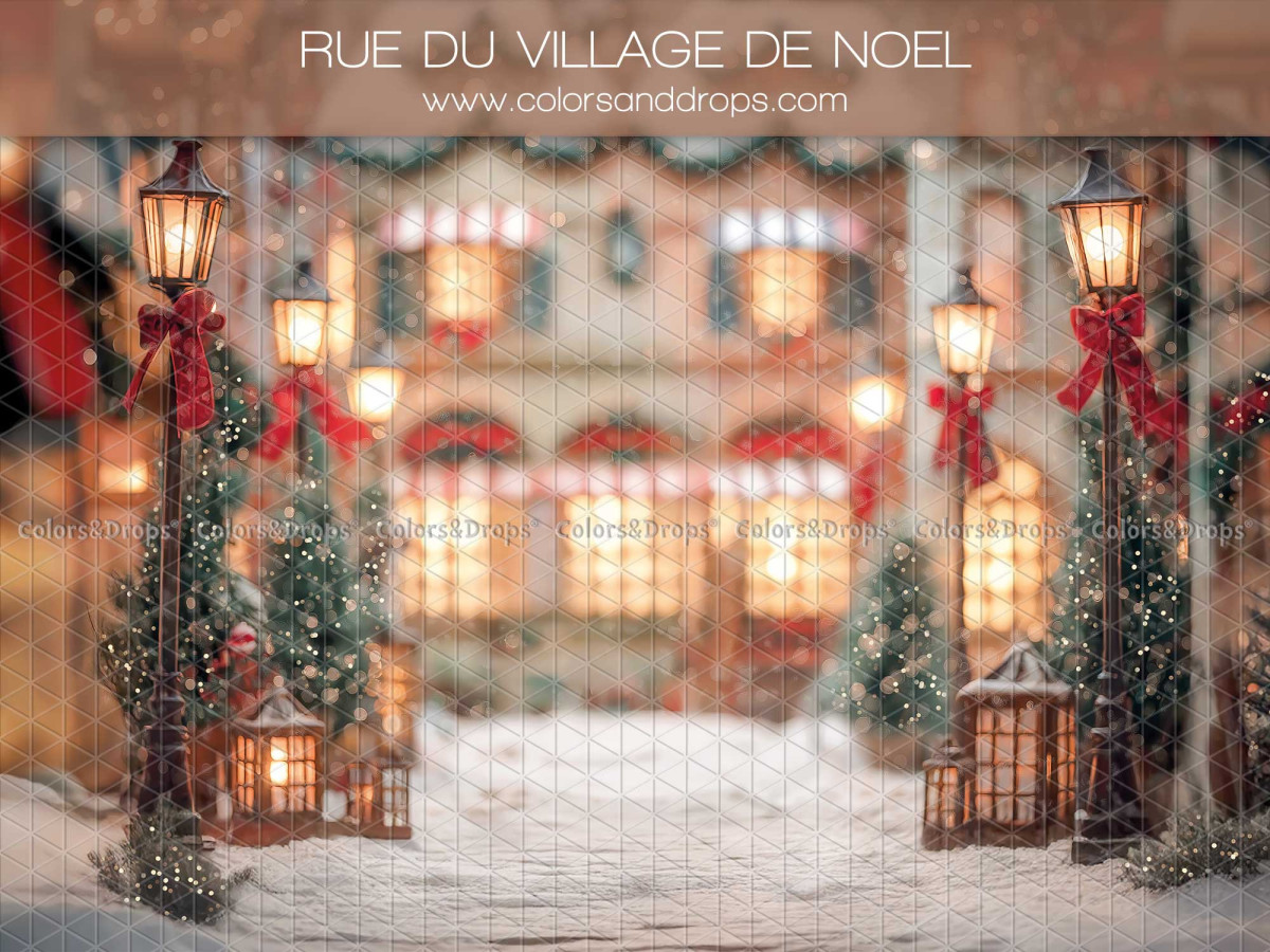 Fond photo Rue du Village de Noel – rue de village de Noël avec réverbères | Colors&Drops