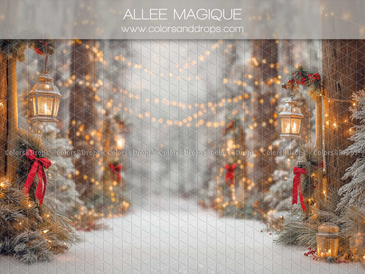 Fond photo de Noël Allee Magique – allée enneigée avec lanternes et nœuds rouges | Colors&Drops