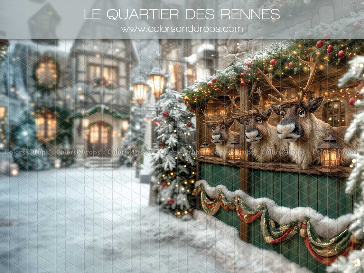 Fondo fotográfico de Navidad Le Quartier des Rennes – barrio nevado con establo de renos | Colors&Drops