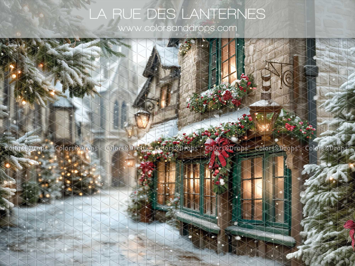 Fond photo de Noël La Rue des Lanternes – rue enneigée avec maisons et lanternes de Noël | Colors&Drops