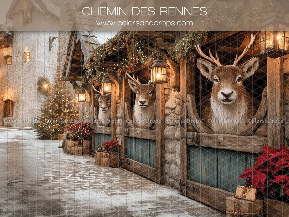 Fond photo de Noël Chemin des Rennes – chemin enneigé avec rennes dans les boxes | Colors&Drops