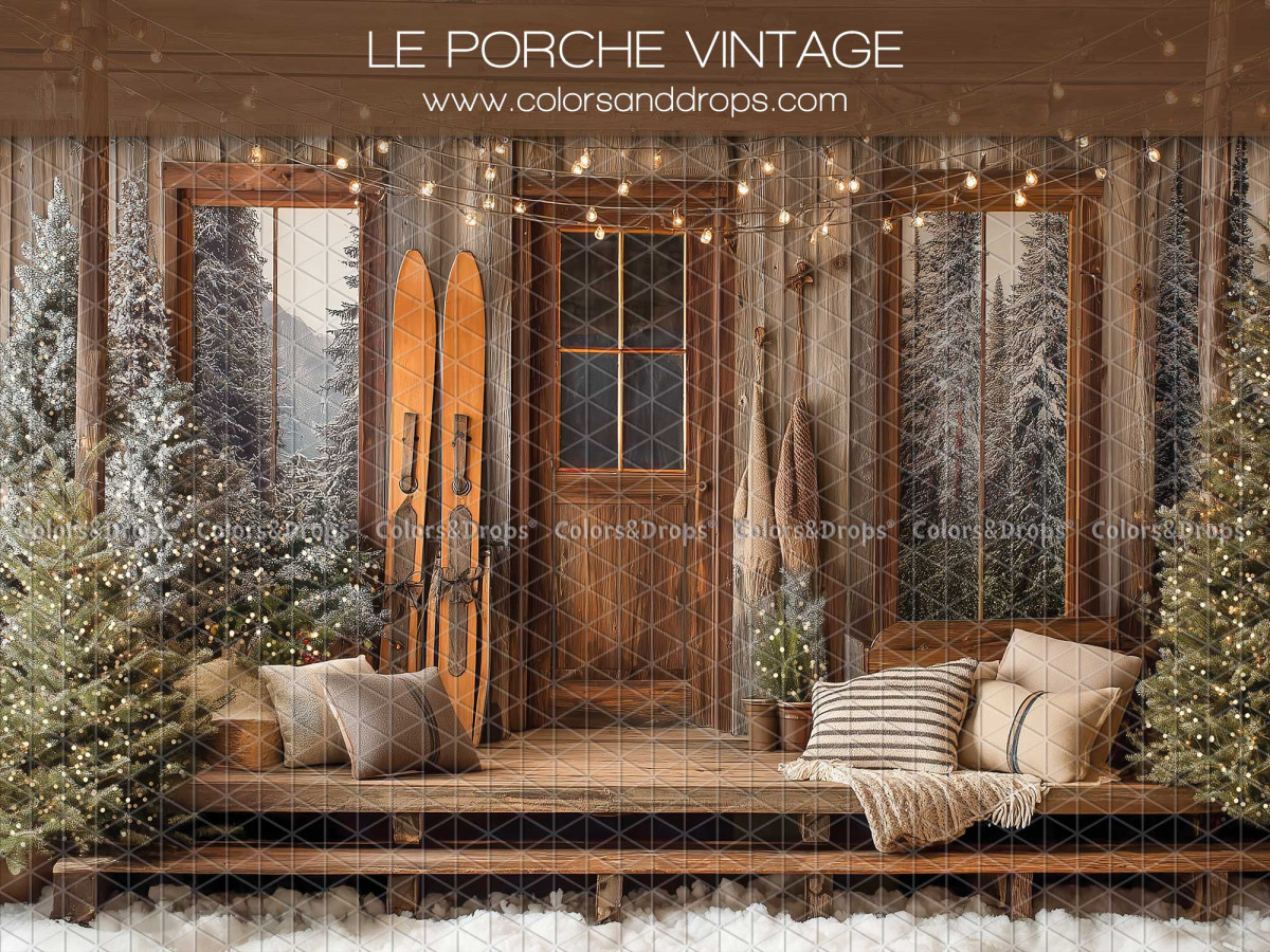 Christmas photo backdrop Le Porche Vintage – vintage wooden porch with bench and skis | Colors&Drops
