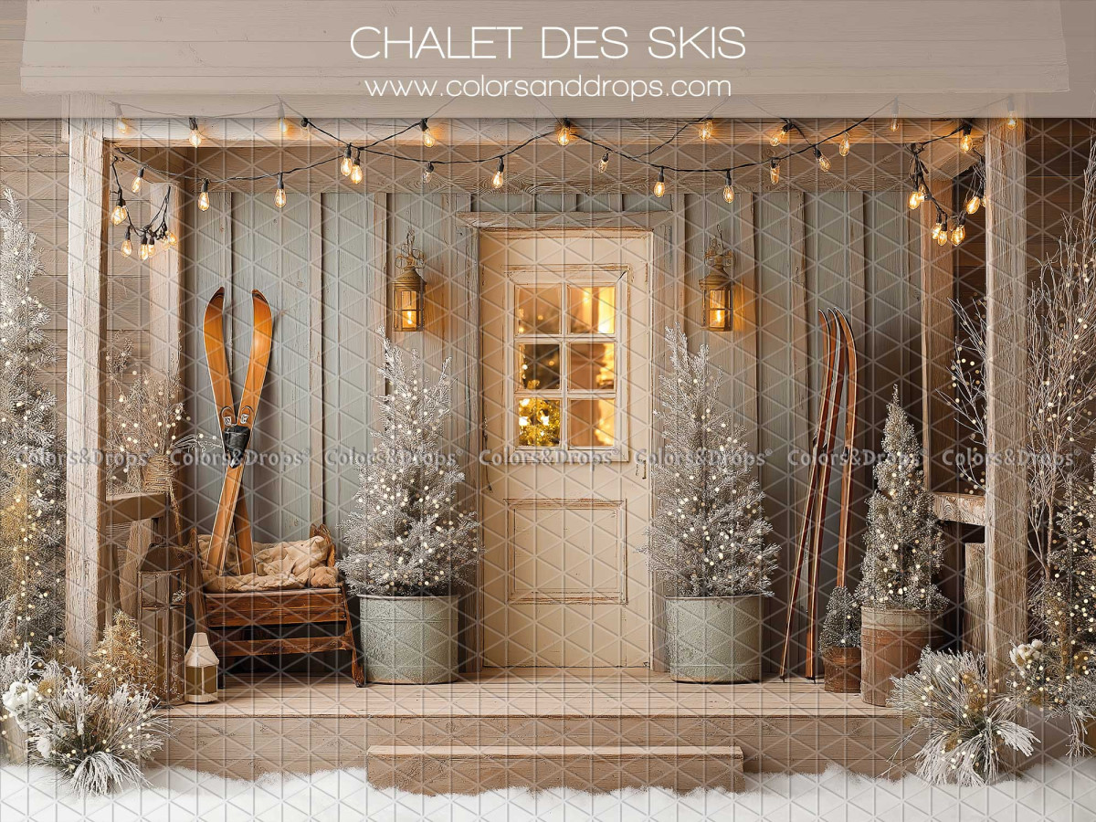 Christmas photo backdrop Chalet des Skis – ski chalet with door and vintage skis | Colors&Drops
