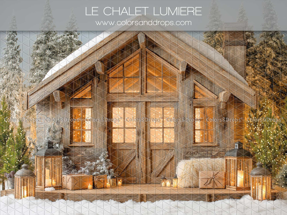 Fondo fotográfico de Navidad Le Chalet Lumiere – chalet de madera iluminado en la nieve | Colors&Drops
